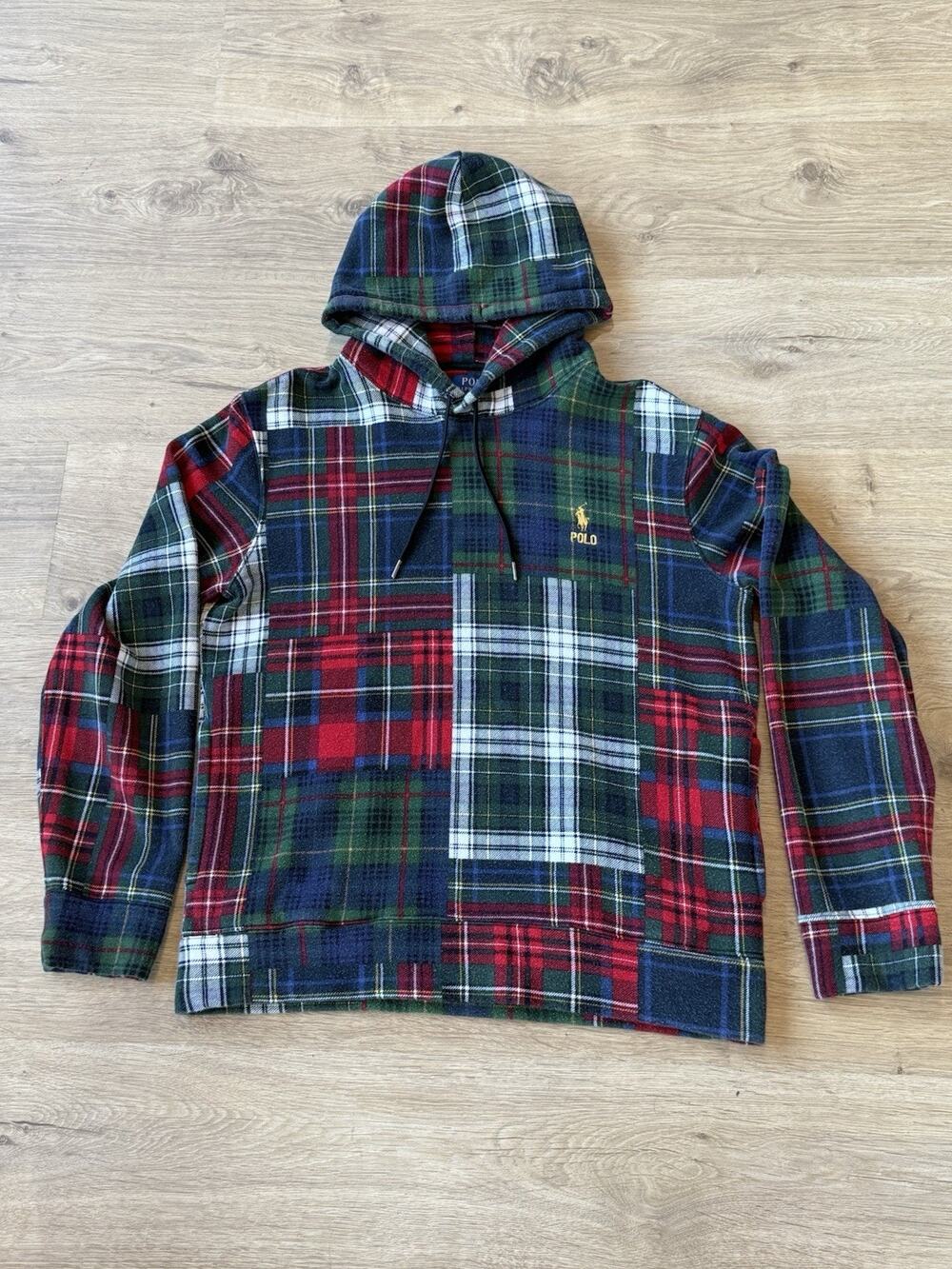 Polo Ralph Lauren Patchwork Plaid Fleece Hoodie Men's M Green Blue White Red